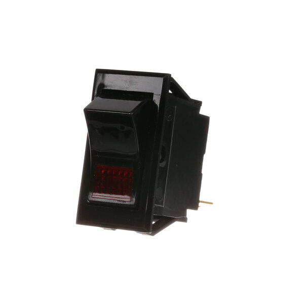 A black Hussmann main power switch with a red light.