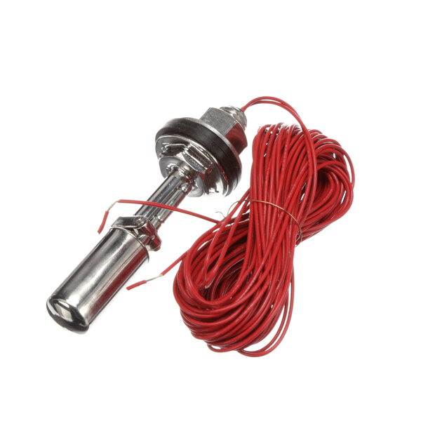A red wire attached to a metal cylinder.