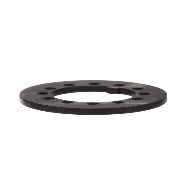 A black rubber washer with a hole in the middle.