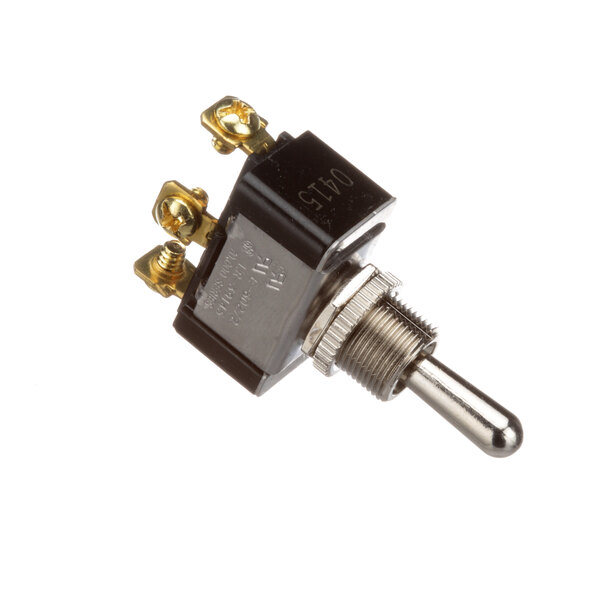 A close-up of a black CMA Dishmachines toggle switch with gold pins.