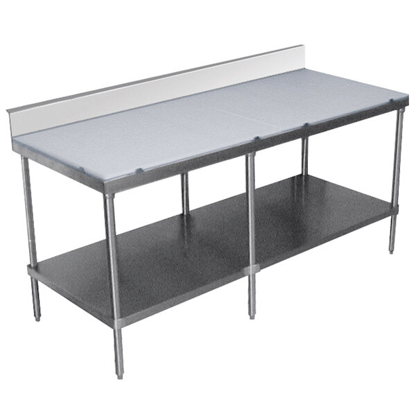 An Advance Tabco poly top work table with undershelf and backsplash.