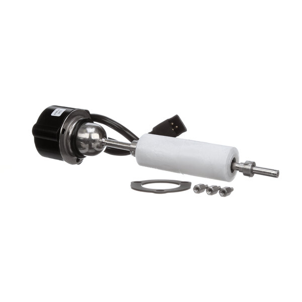 A white and black electrical device with a screw on a white background: McCann's Float Probe.