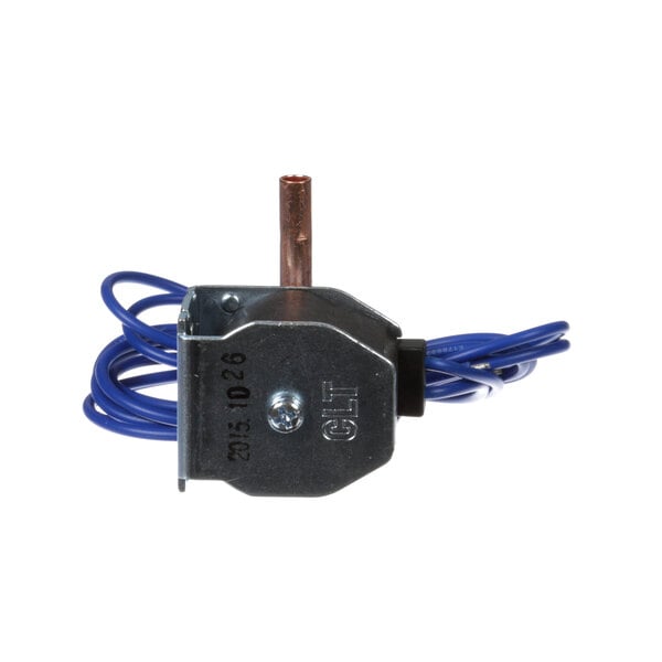 A Donper America solenoid valve with blue wires attached.