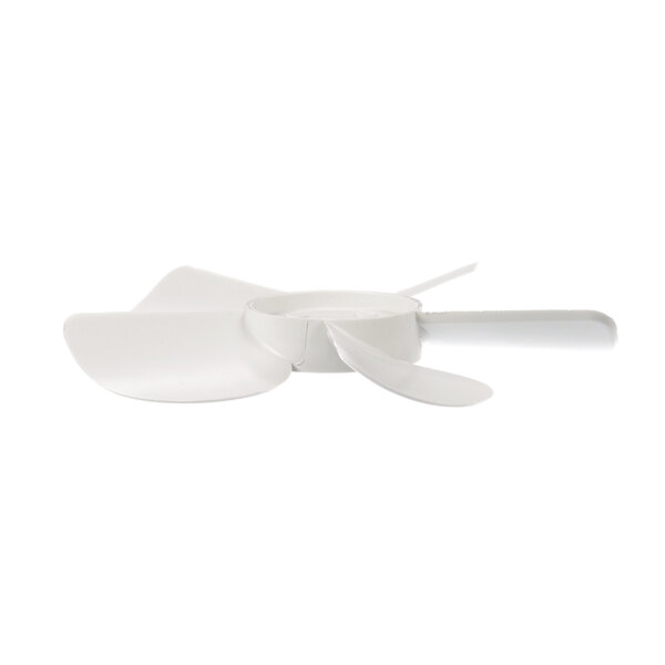 A white plastic fan blade with two blades.