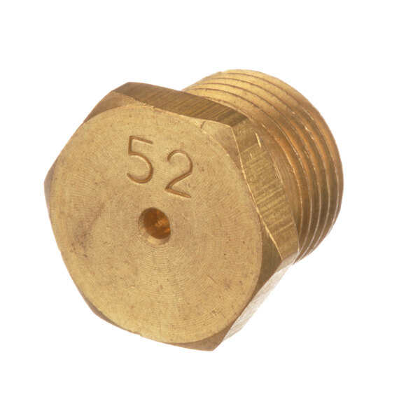 A brass hexagon orifice nut with the number 52.