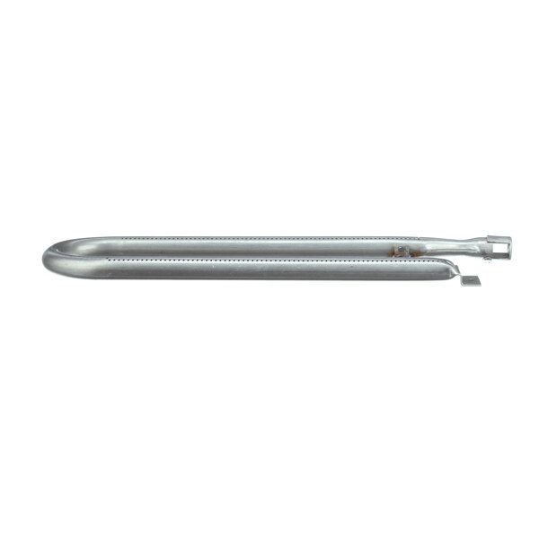A silver metal U-shaped tube with holes at the ends.