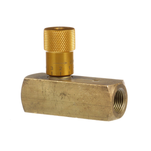 A close-up of a gold metal cylinder threaded onto a metal block.