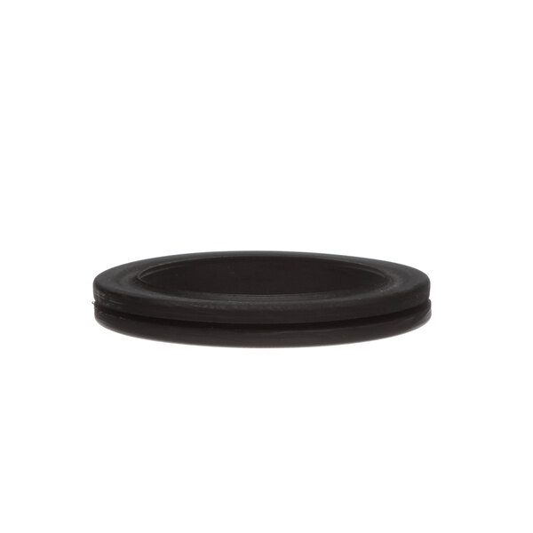 A black rubber grommet with a hole in the center.