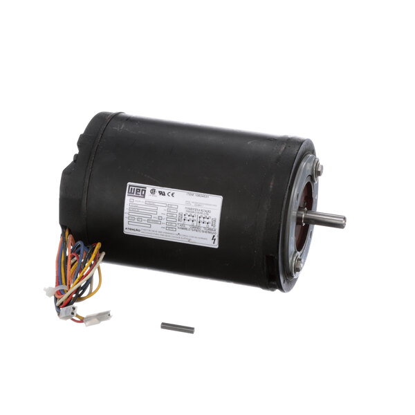 A black round electric motor with a white label on a white background.