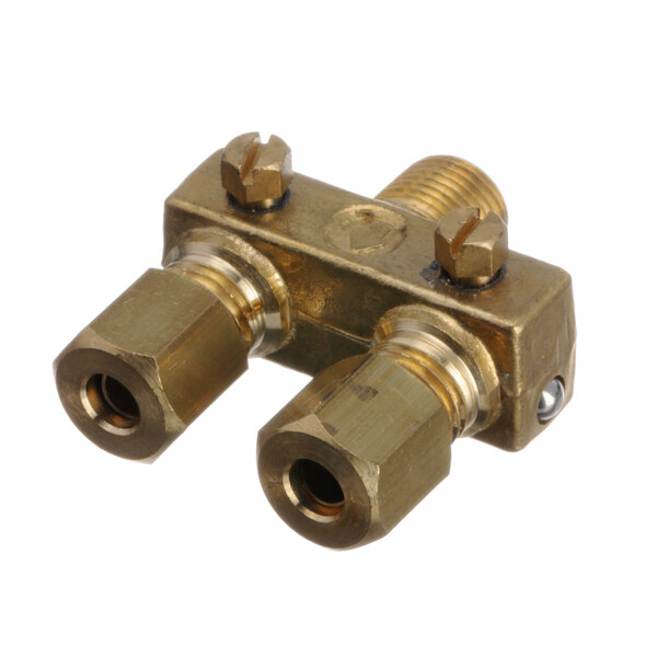A close-up of a Royal Range brass double pilot valve connector with two nuts.