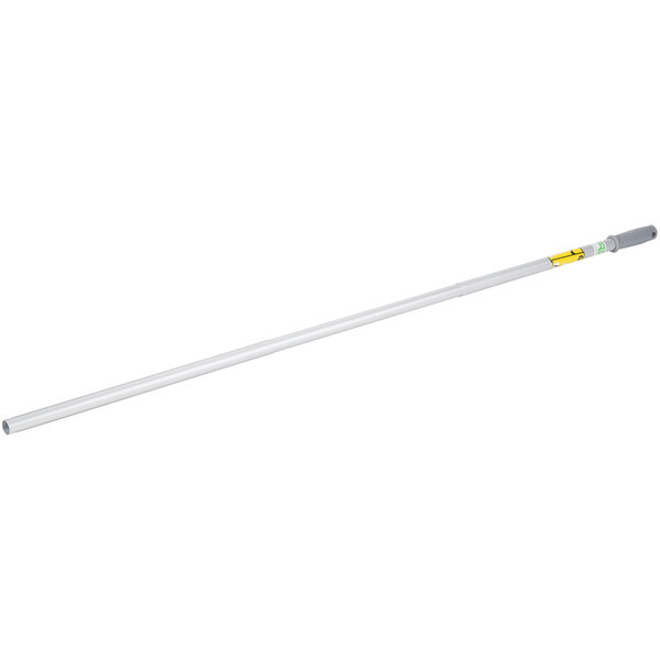 A long white mop handle with a yellow and green handle