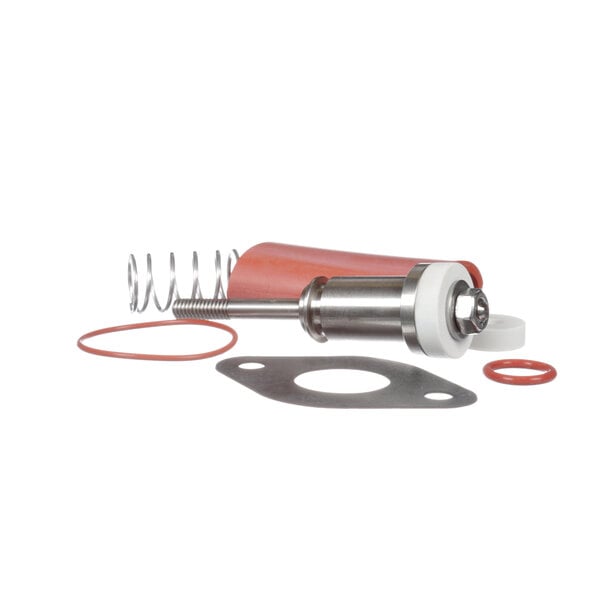 A Broaster 15279 repair kit with a gas valve, gas seal, metal cylinder, spring, and gaskets with a red rubber ring.