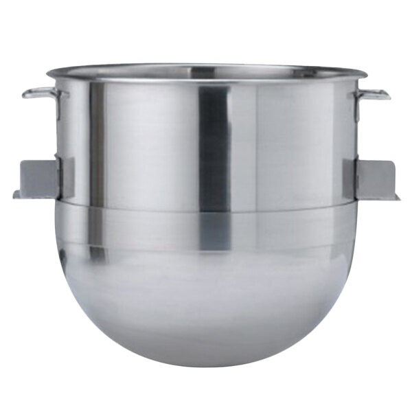 A silver stainless steel Doyon mixer bowl with a handle.