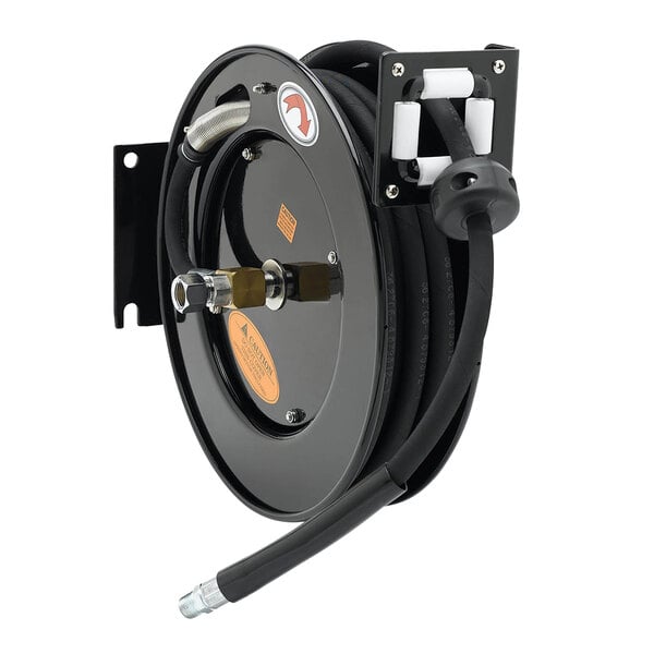 A black Equip by T&amp;S hose reel with a black hose.