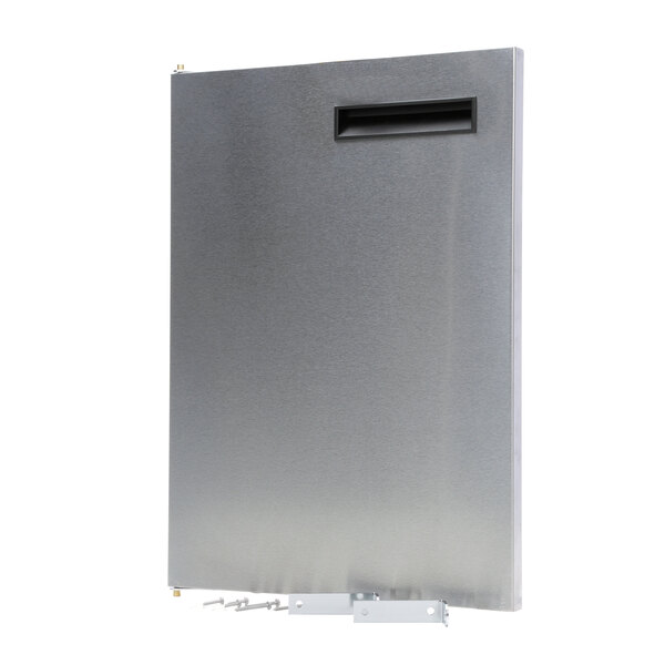 A silver metal Delfield refrigerator door with a black handle.