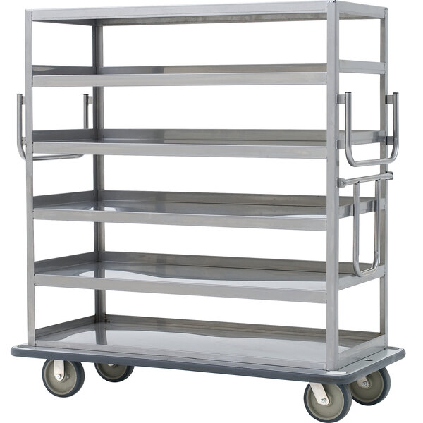 A silver metal Metro Queen Mary banquet service cart with 5 flat shelves.