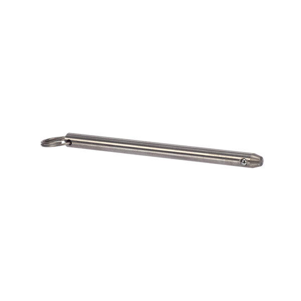 A stainless steel metal rod with a ring on the end and a screw on the other end.