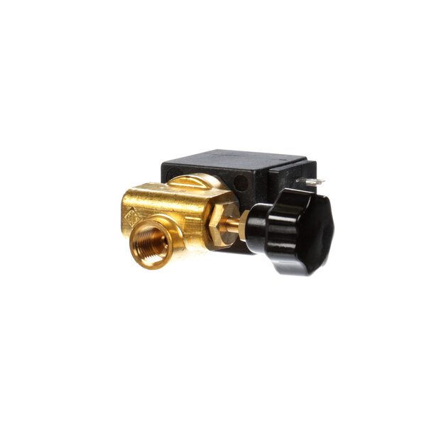 A brass Nuova Simonelli 2-way electrovalve with a black knob.