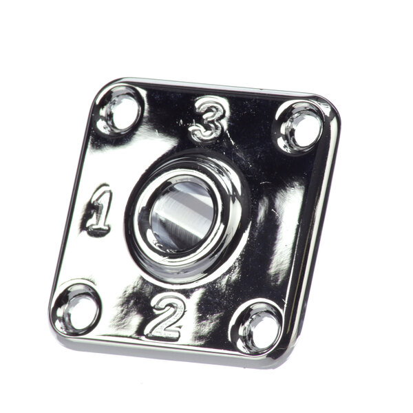 A close-up of a silver Hobart shifter index plate with numbers and holes.