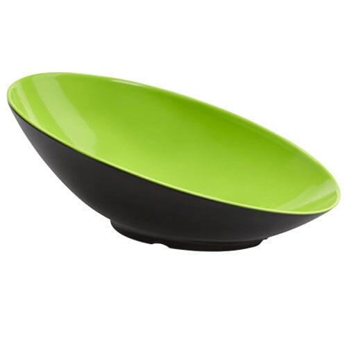A green and black GET Brasilia melamine bowl with a slanted oval shape.