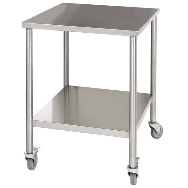 A stainless steel table with wheels.