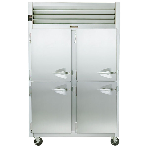 A stainless steel Traulsen reach-in freezer with two left hinged doors.