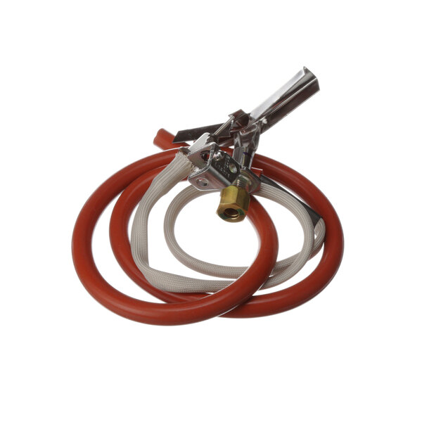 A red hose with a metal pipe and a hose clamp.