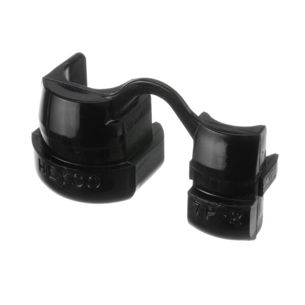 A close-up of a black plastic Server Products strain relief bushing.