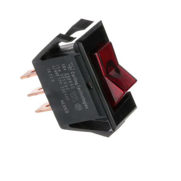A close-up of a red Winholt lighted rocker switch on a white background.