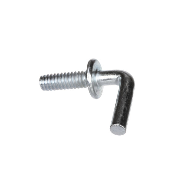 A close-up of a silver metal screw with a nut.