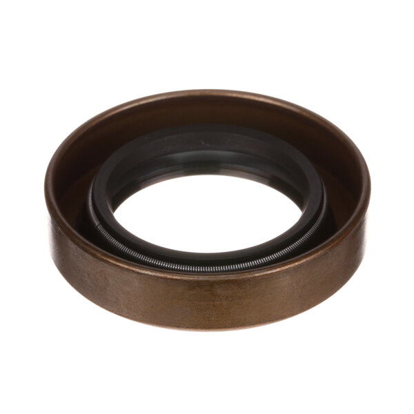 A brown metal oil seal with a black rubber ring on the end.