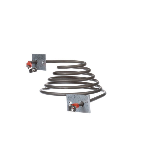 A Wisco Industries 0016447 element, a metal coil with metal plates and red and black wires.