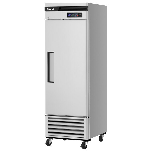 A stainless steel Turbo Air reach-in freezer on wheels.
