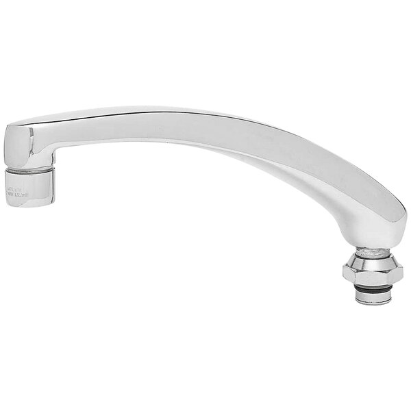 A silver T&S swivel cast spout with a chrome finish.