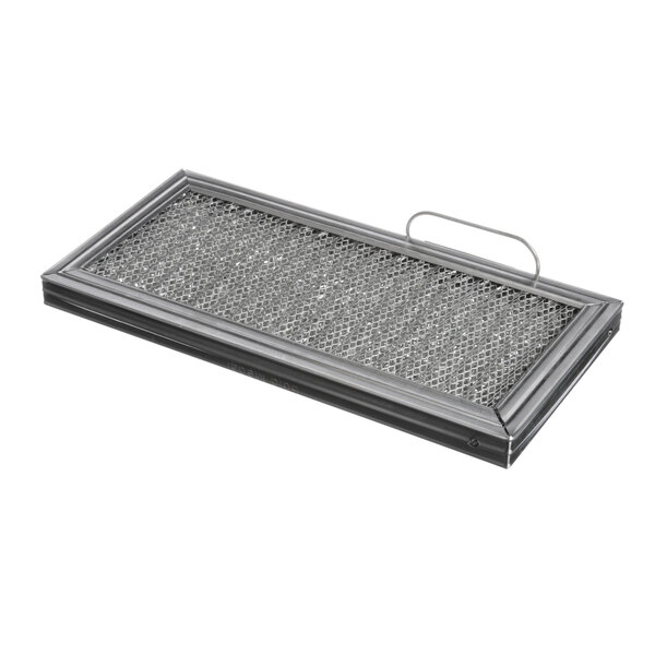 A grey metal rectangular mesh filter with a handle.