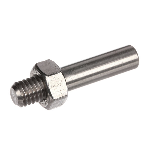 A stainless steel threaded pin with a nut on it.