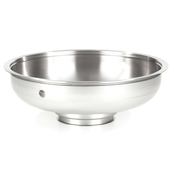 A silver stainless steel InSinkErator baffle bowl with holes.