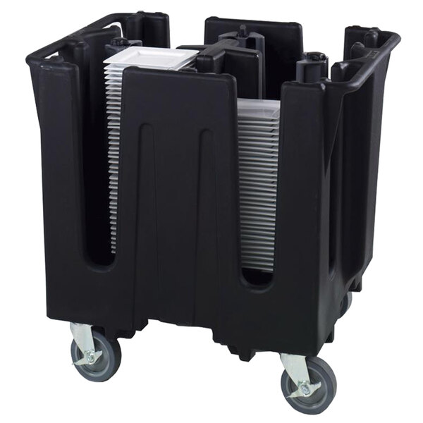 A black plastic Vollrath dish caddy with wheels and four trays inside.