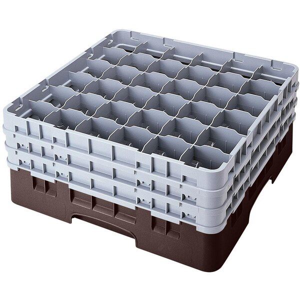 A brown plastic Cambro rack with multiple compartments.