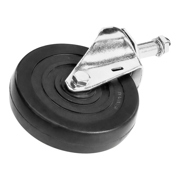 A close-up of a black and silver Lakeside swivel caster wheel.