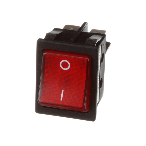 A close-up of a red Donper America Main Power Switch with white text on a red square.