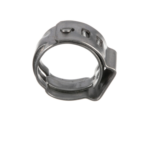 A silver metal Perfection tab clamp with a hole in it.