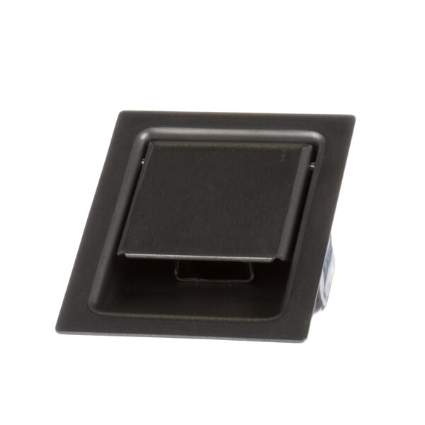 A black square shaped metal Lakeside latch with a square hole and a black handle.