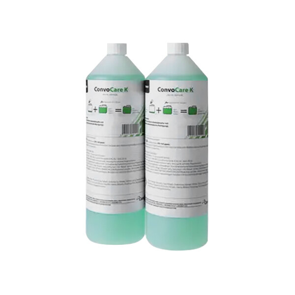 Two plastic bottles of Convotherm Convocare with green liquid.
