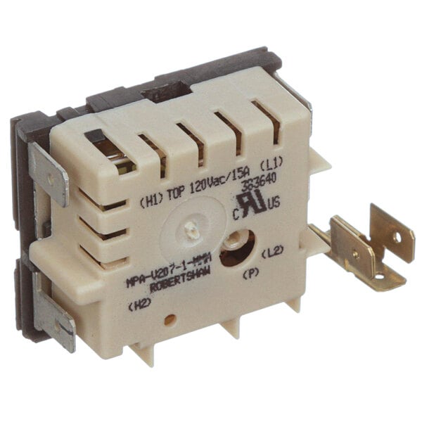 A white Eagle Group Infinite Switch with black and white electrical connectors.