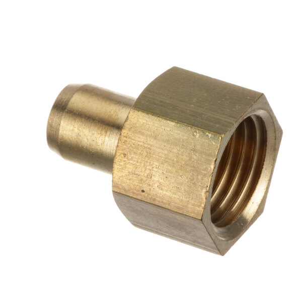 A close-up of a brass nut with a white background.