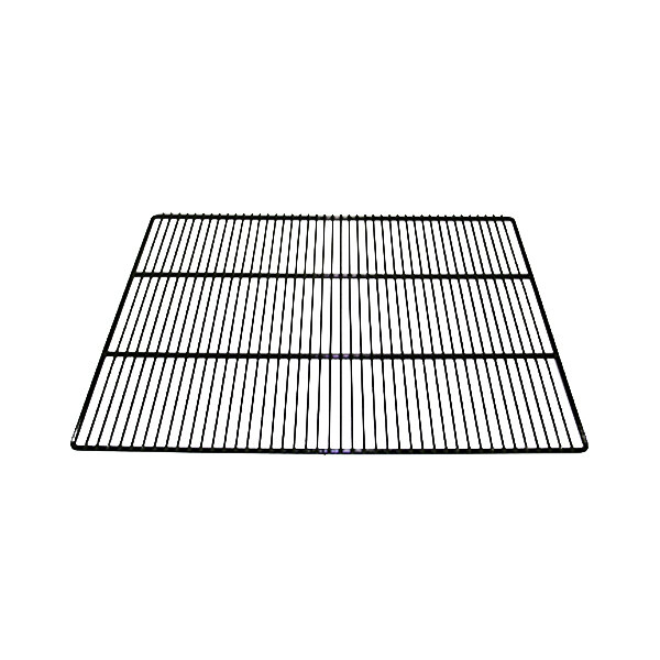 A black metal grid shelf with clips on a white background.
