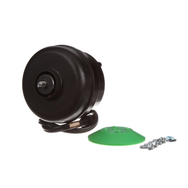 A black electric motor with a green cap and screws.
