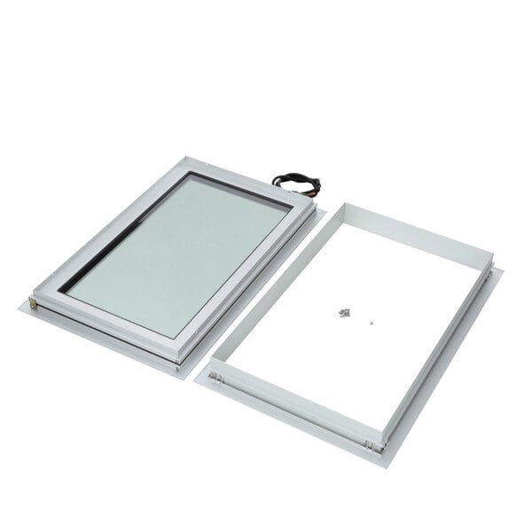 A rectangular white plastic box with a glass window.