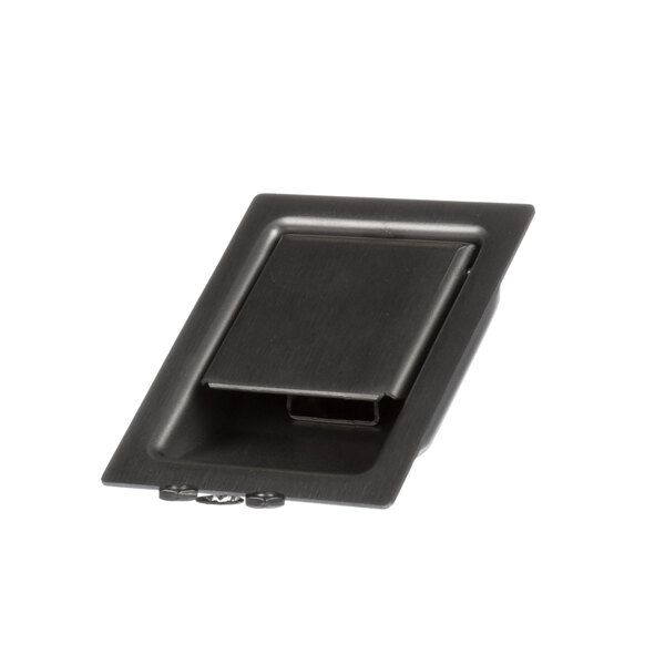 A black rectangular Lakeside paddle latch with a square object on it.